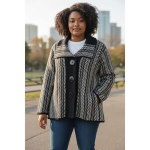 Sioni Womens XL Black White Chevron Knit Button Front Cardigan Jacket Wool Blend